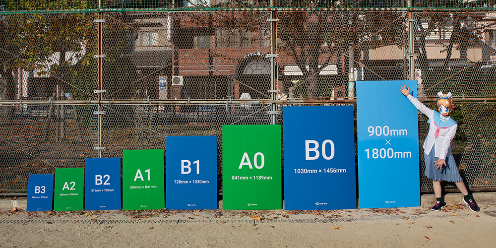 規格サイズ（B3、A2、B2、A1、B1、A0、B0）とサブロクサイズ（900mm×1800mm）の発泡パネルを左から順番に並べ、サイズの違いを紹介しているソクプリ子ちゃん